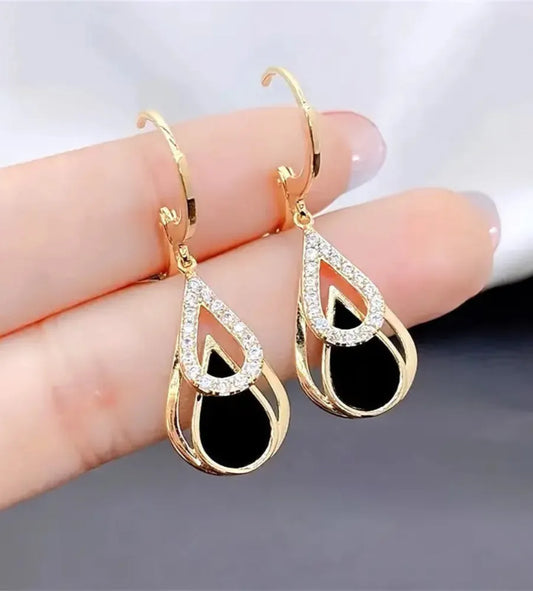 Elegant Black Hollow Water Drop Earrings – Double Layer Teardrop