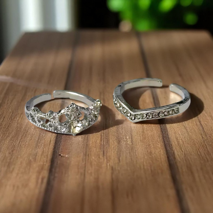 Luxury Princess-Inspired 2pcs Crown Adjustable Ring Set with Rhinestones