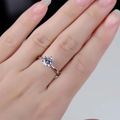 Elegant Adjustable Zirconia Six-Claw Ring – Silver Tone