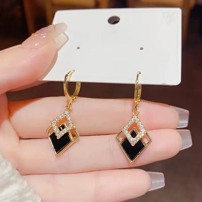 Elegant Geometric Rhombus Drop Earrings with Crystal Accents