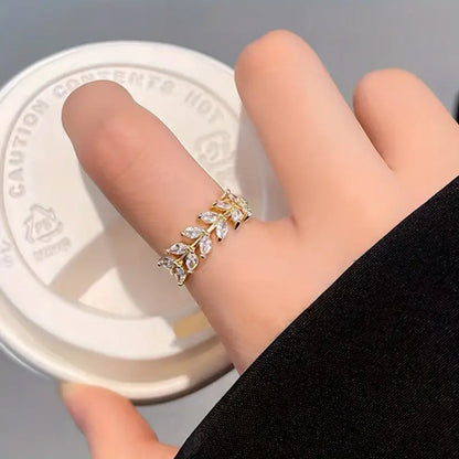 Crystal Leaf Ring – Adjustable Copper with Sparkling Zirconia
