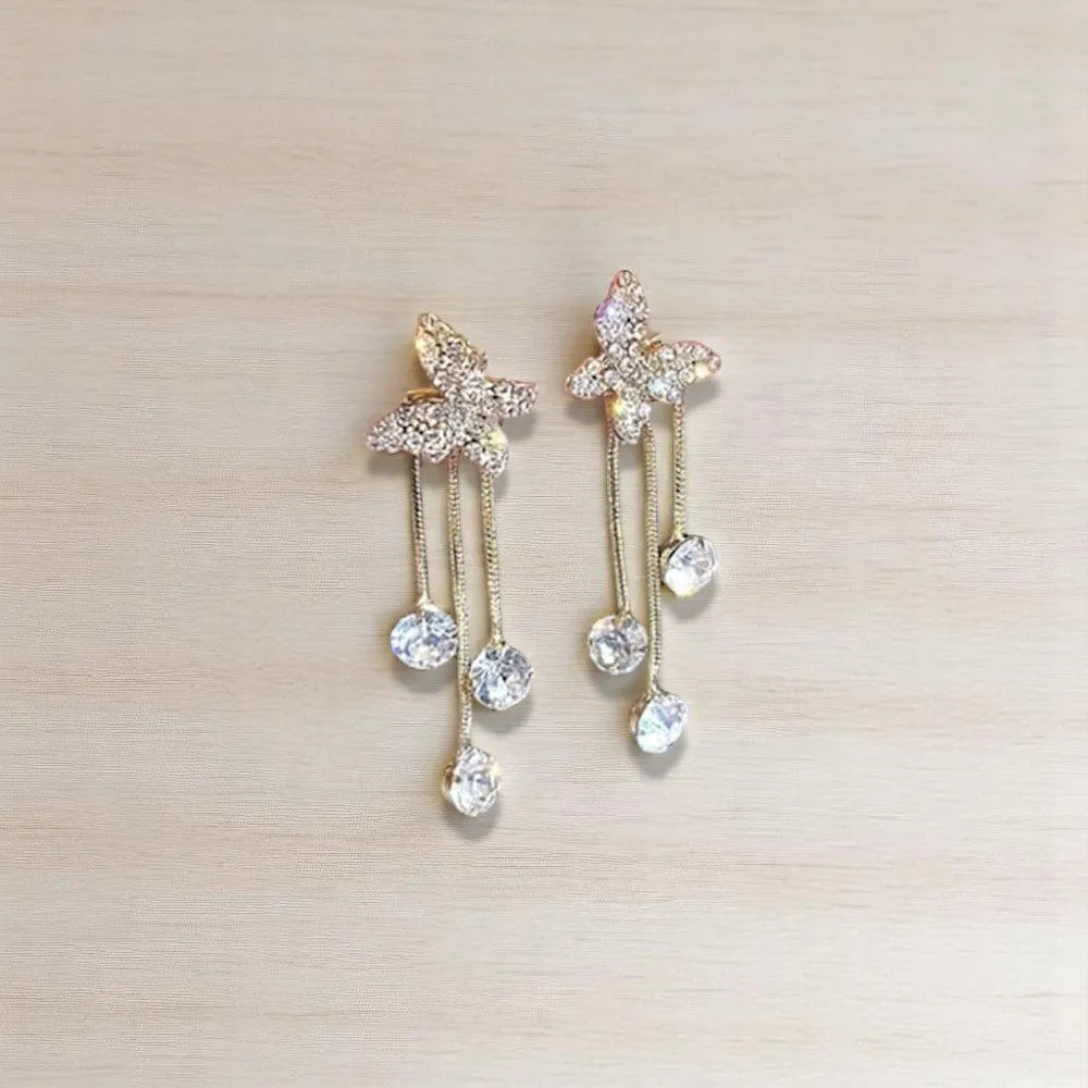 Elegant Butterfly Tassel Earrings with Golden Alloy & Synthetic Zirconia