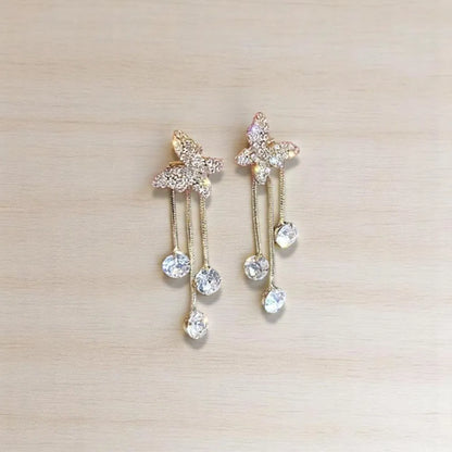 Elegant Butterfly Tassel Earrings with Golden Alloy & Synthetic Zirconia