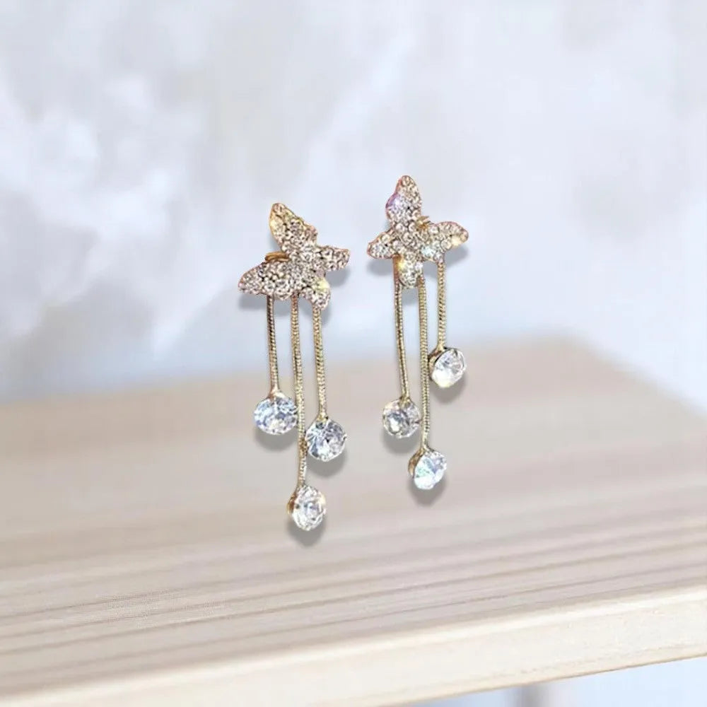 Elegant Butterfly Tassel Earrings with Golden Alloy & Synthetic Zirconia