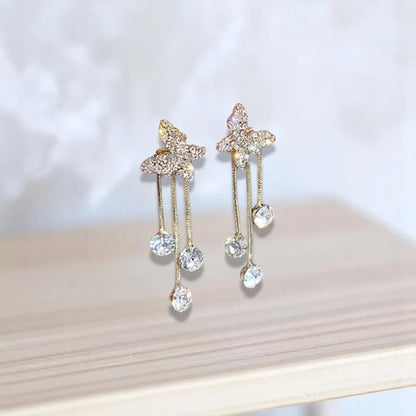 Elegant Butterfly Tassel Earrings with Golden Alloy & Synthetic Zirconia