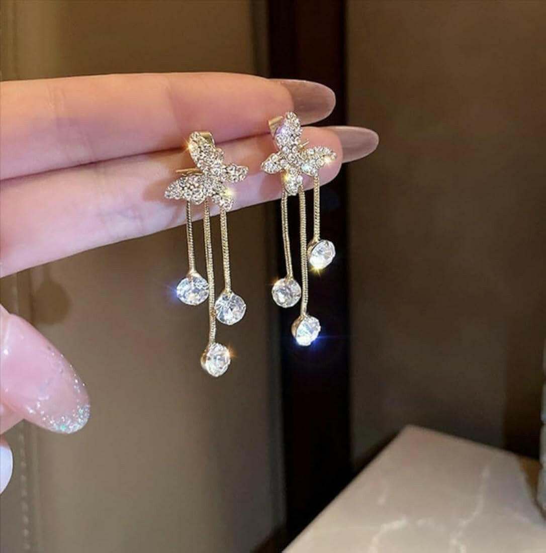 Elegant Butterfly Tassel Earrings with Golden Alloy & Synthetic Zirconia