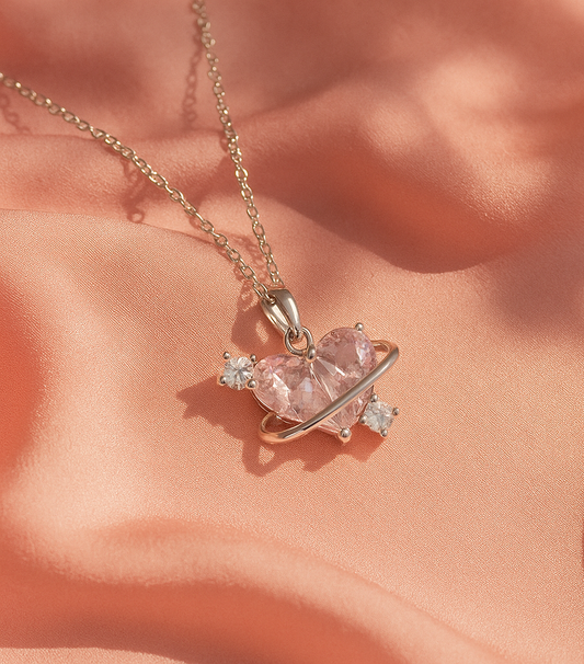 Pink Heart Planet Necklace – Cute Clavicle Chain with Zircon Charm