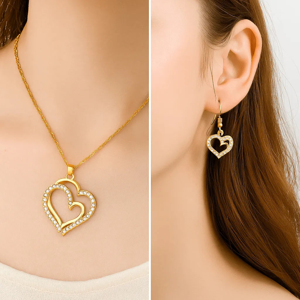 Gold heart-shaped necklace and earrings on a person - Double Heart Pendant Jewelry Set – Necklace & Earrings for Women - miraye.net