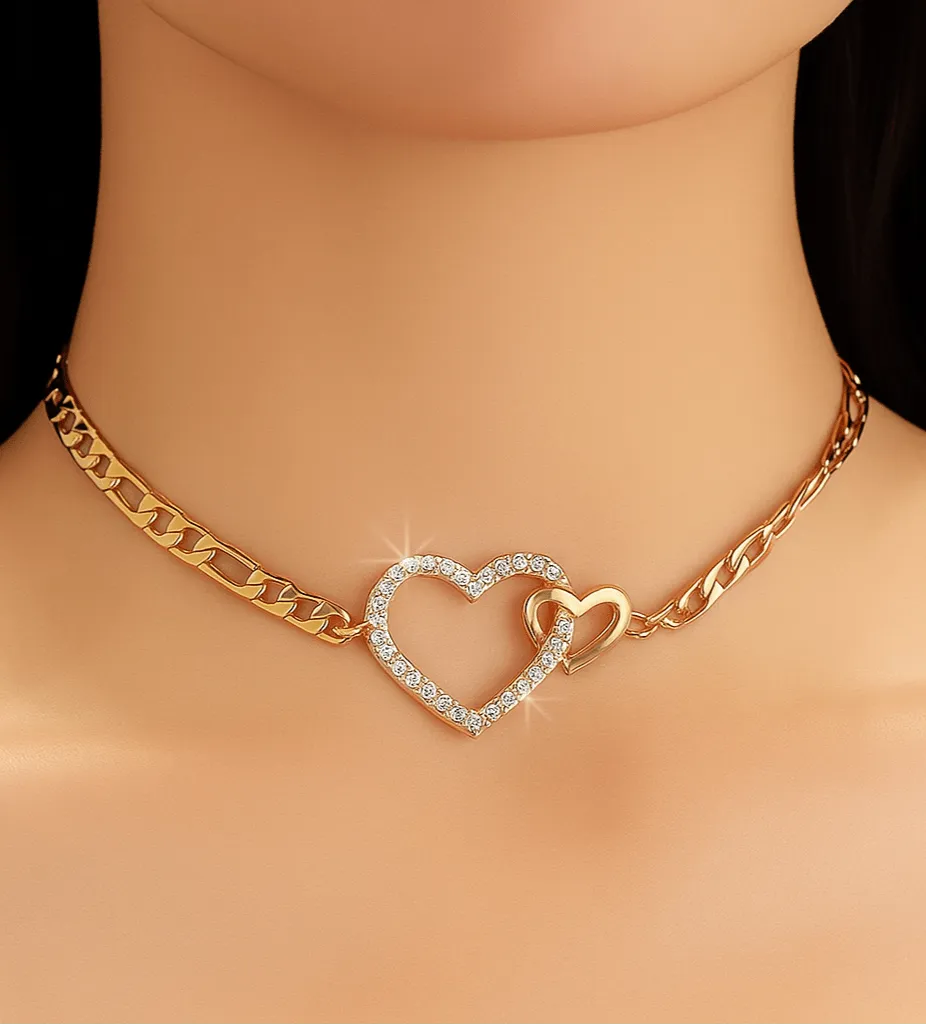Gold necklace with a heart-shaped pendant on a mannequin