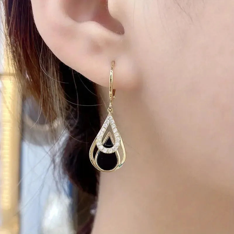Elegant Black Hollow Water Drop Earrings – Double Layer Teardrop