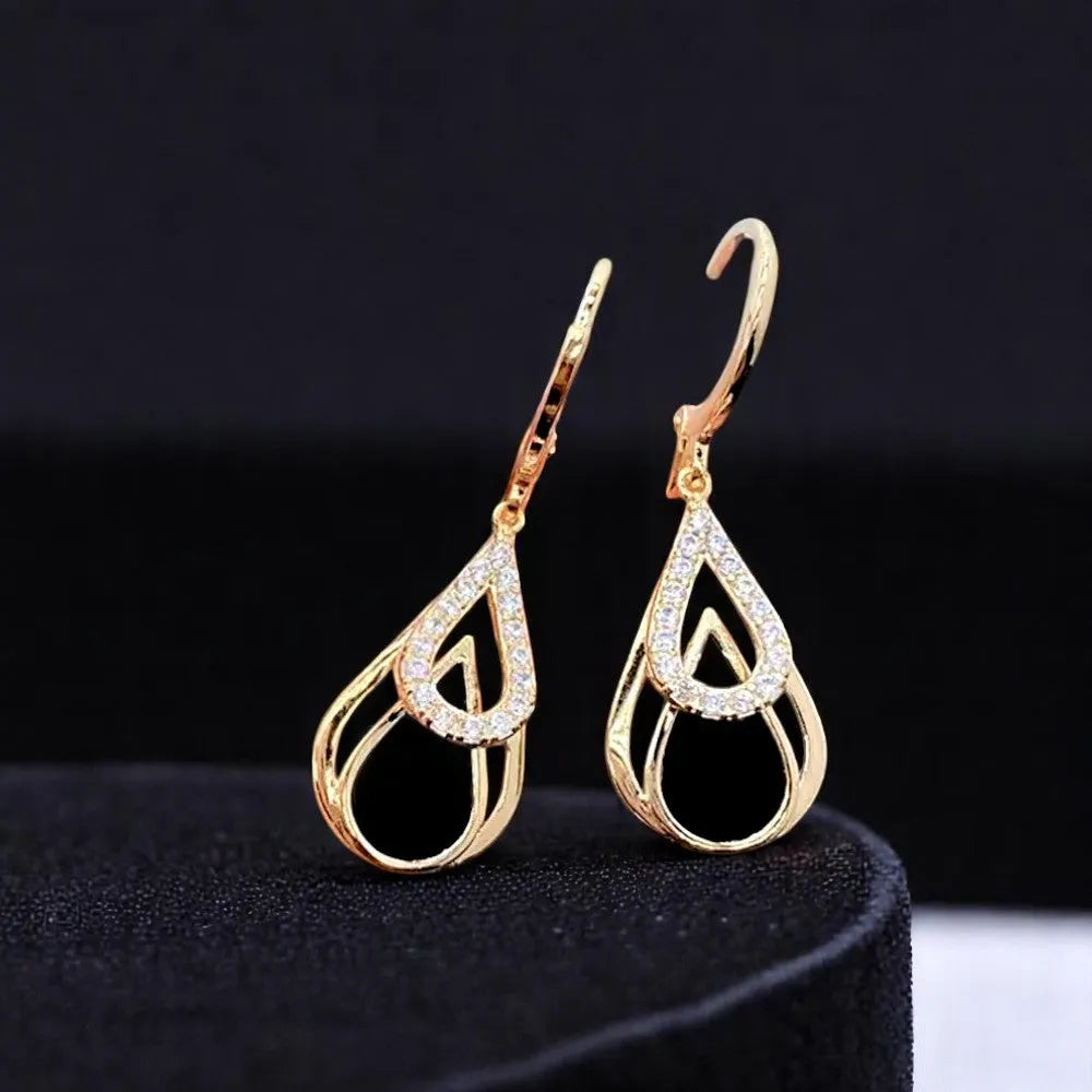 Elegant Black Hollow Water Drop Earrings – Double Layer Teardrop