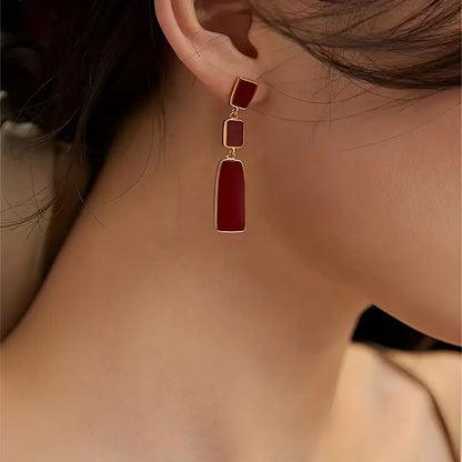 Retro Red Geometric Dangle Earrings – Vintage Alloy Jewelry for Women