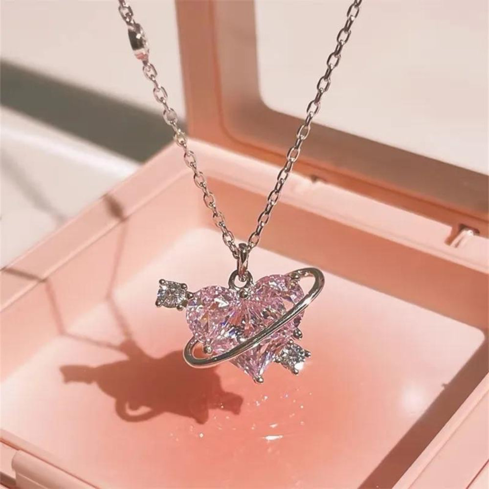 Pink Heart Planet Necklace – Cute Clavicle Chain with Zircon Charm