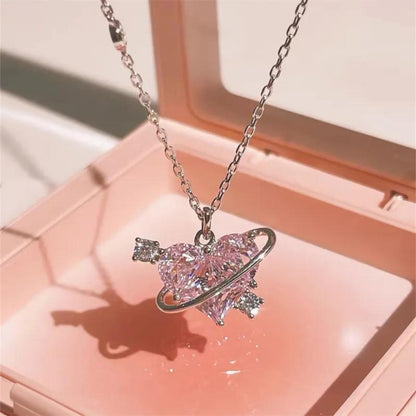 Pink Heart Planet Necklace – Cute Clavicle Chain with Zircon Charm