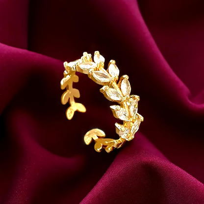 Crystal Leaf Ring – Adjustable Copper with Sparkling Zirconia