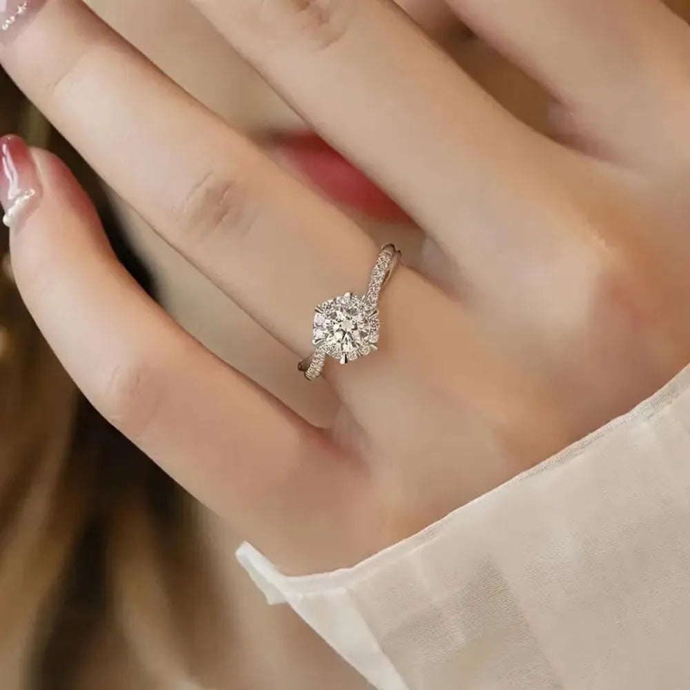 Classic Six-Claw Moissanite Ring – Adjustable Silver-Plated Elegance