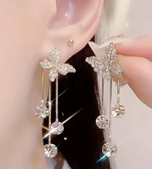 Elegant Butterfly Tassel Earrings with Golden Alloy & Synthetic Zirconia