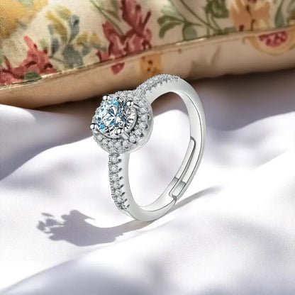 Elegant Halo Zirconia Adjustable Ring – Sterling Silver Look