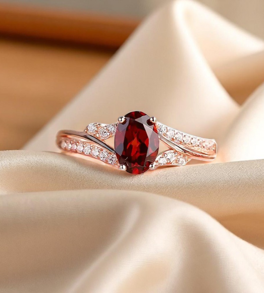 Elegant Rose Gold Adjustable Ring with Red Zirconia Stone