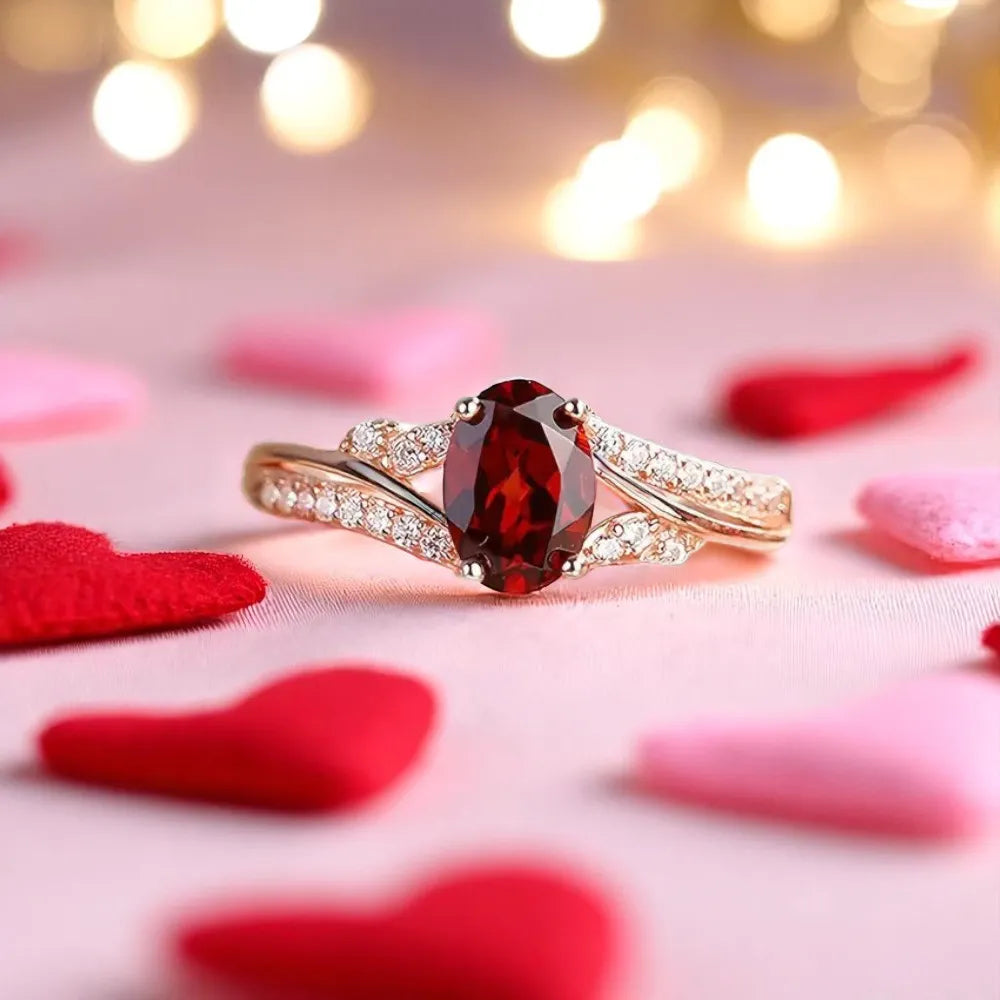 Ring with a red gemstone on a background of heart shapes and blurred lights