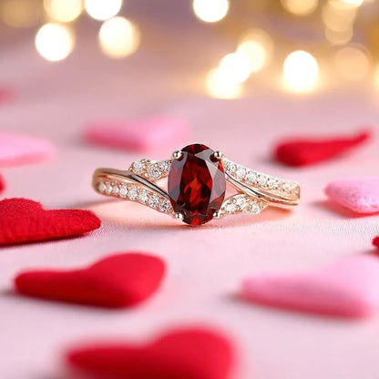 Ring with a red gemstone on a background of heart shapes and blurred lights
