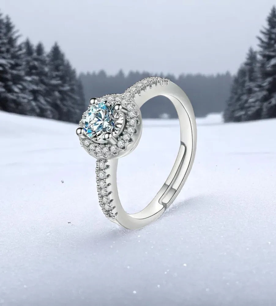 Elegant Halo Zirconia Adjustable Ring – Sterling Silver Look