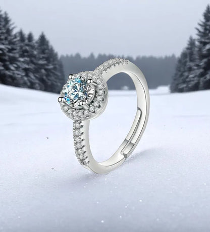 Elegant Halo Zirconia Adjustable Ring – Sterling Silver Look