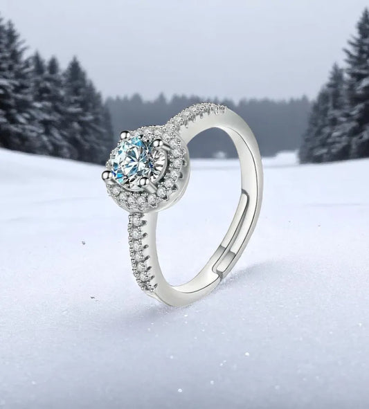 Elegant Halo Zirconia Adjustable Ring – Sterling Silver Look