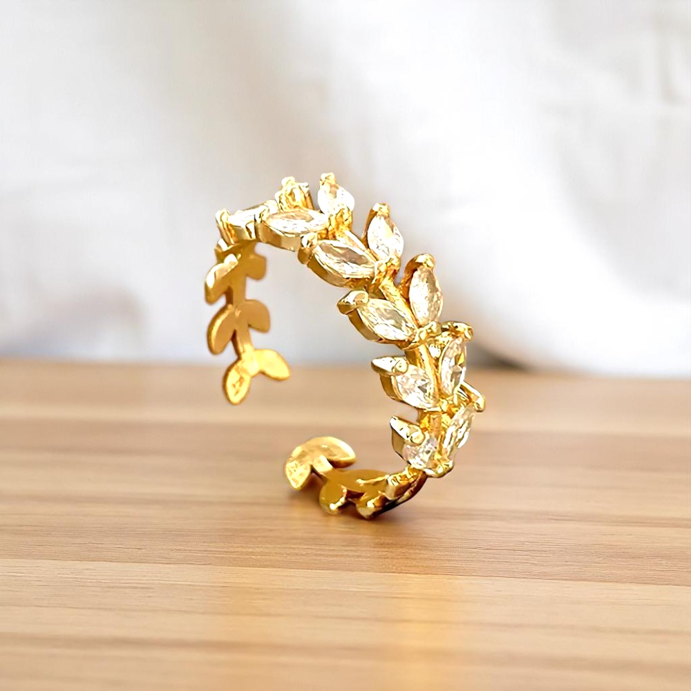 Crystal Leaf Ring – Adjustable Copper with Sparkling Zirconia