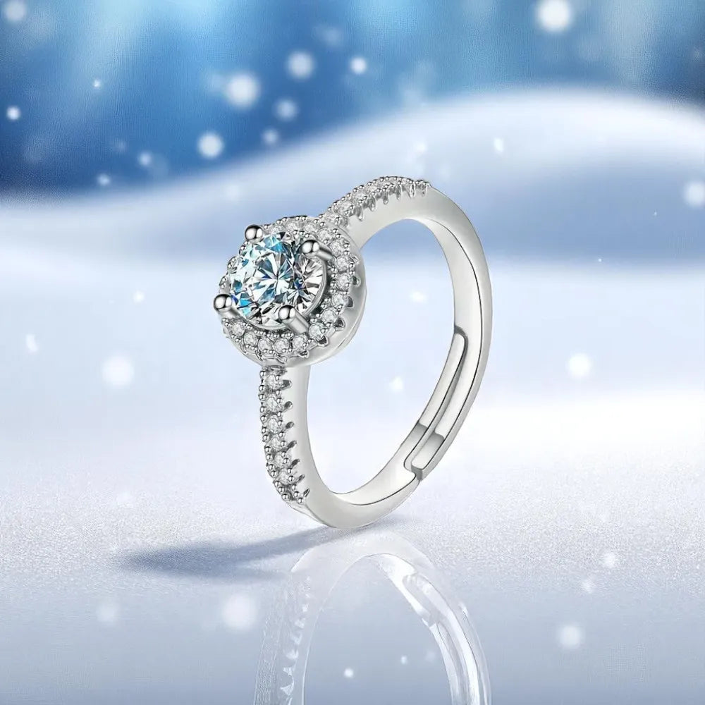 Elegant Halo Zirconia Adjustable Ring – Sterling Silver Look