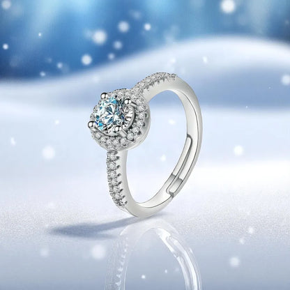 Elegant Halo Zirconia Adjustable Ring – Sterling Silver Look