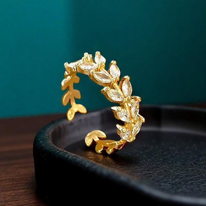 Crystal Leaf Ring – Adjustable Copper with Sparkling Zirconia