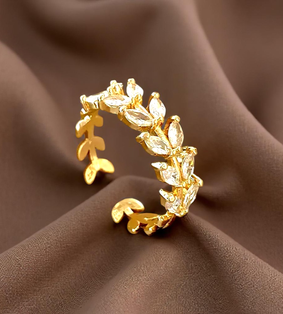 Crystal Leaf Ring – Adjustable Copper with Sparkling Zirconia