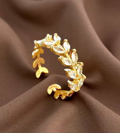 Crystal Leaf Ring – Adjustable Copper with Sparkling Zirconia
