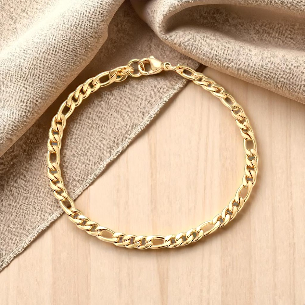 Water Wave & Figaro Chain Bracelet – Stylish Gold Link Jewelry